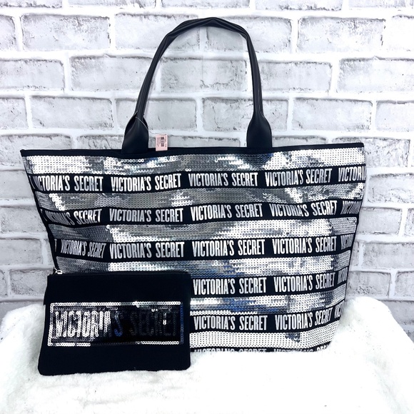 NWT🤩 |•VICTORIA'S SECRET•| Sparkly Silver Sequin Tote & Matching Make Up Bag - Picture 1 of 12